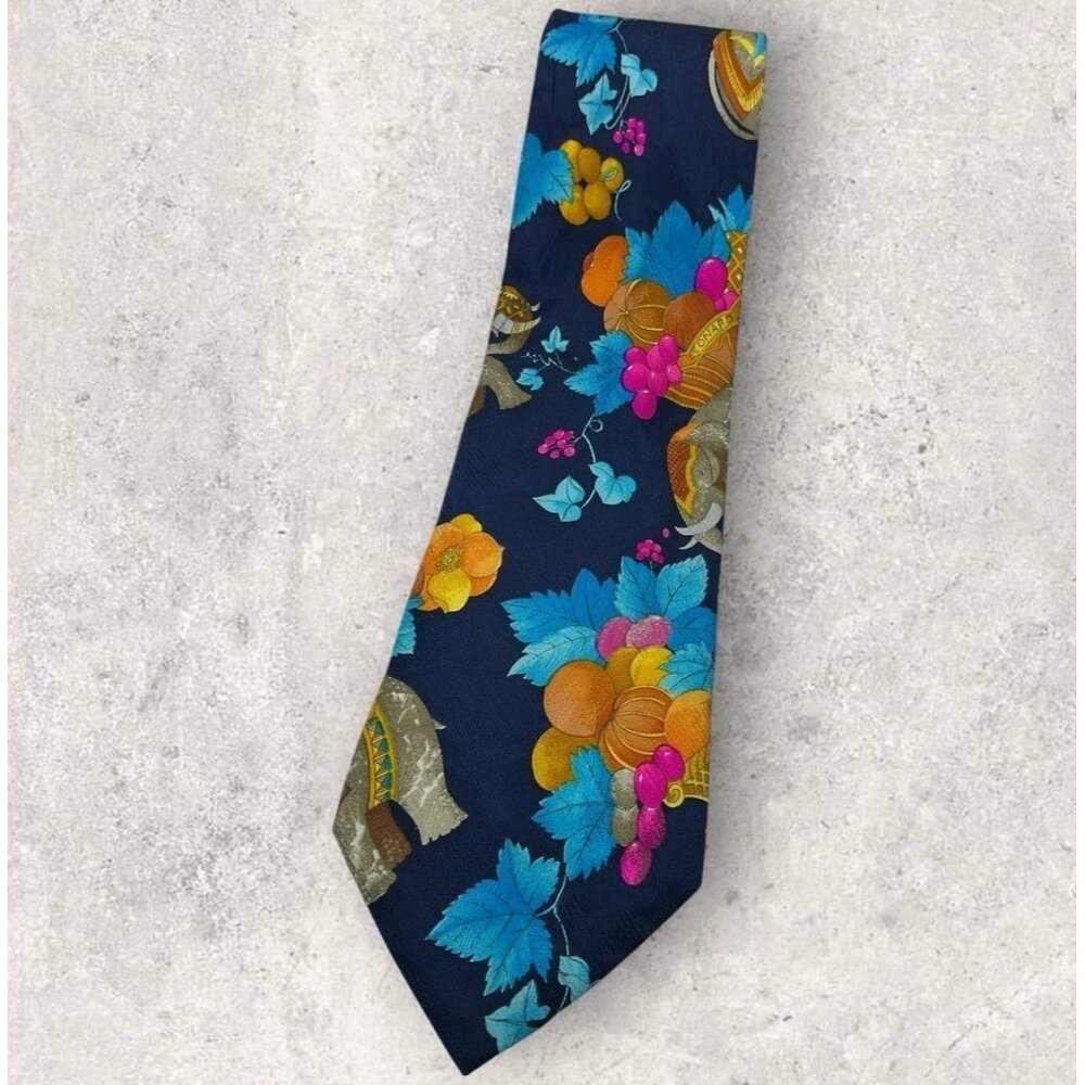 LEONARD Silk Tie ITALY Navy Blue Pink Floral Elephant Fruit W:3.8" EUC